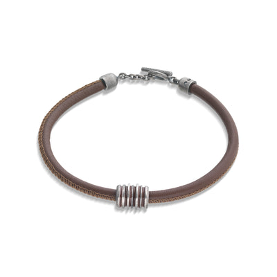 Roller Oxidized Silver Bracelet with brown enamel and leather
