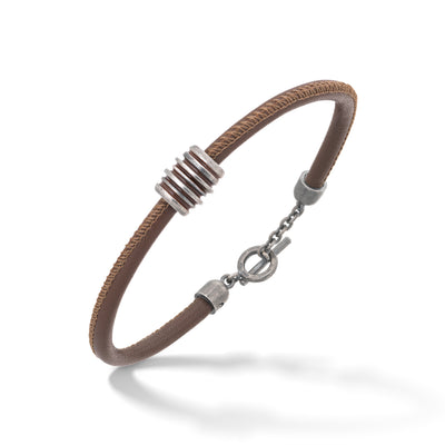 Roller Oxidized Silver Bracelet with brown enamel and leather
