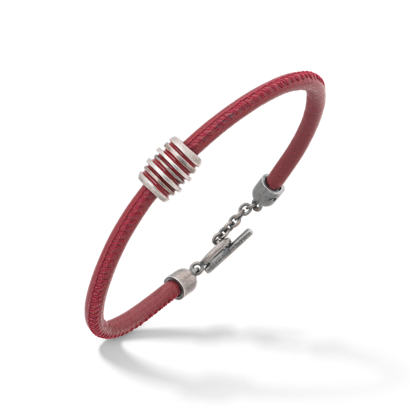 Roller Oxidized Silver Bracelet with red enamel and leather