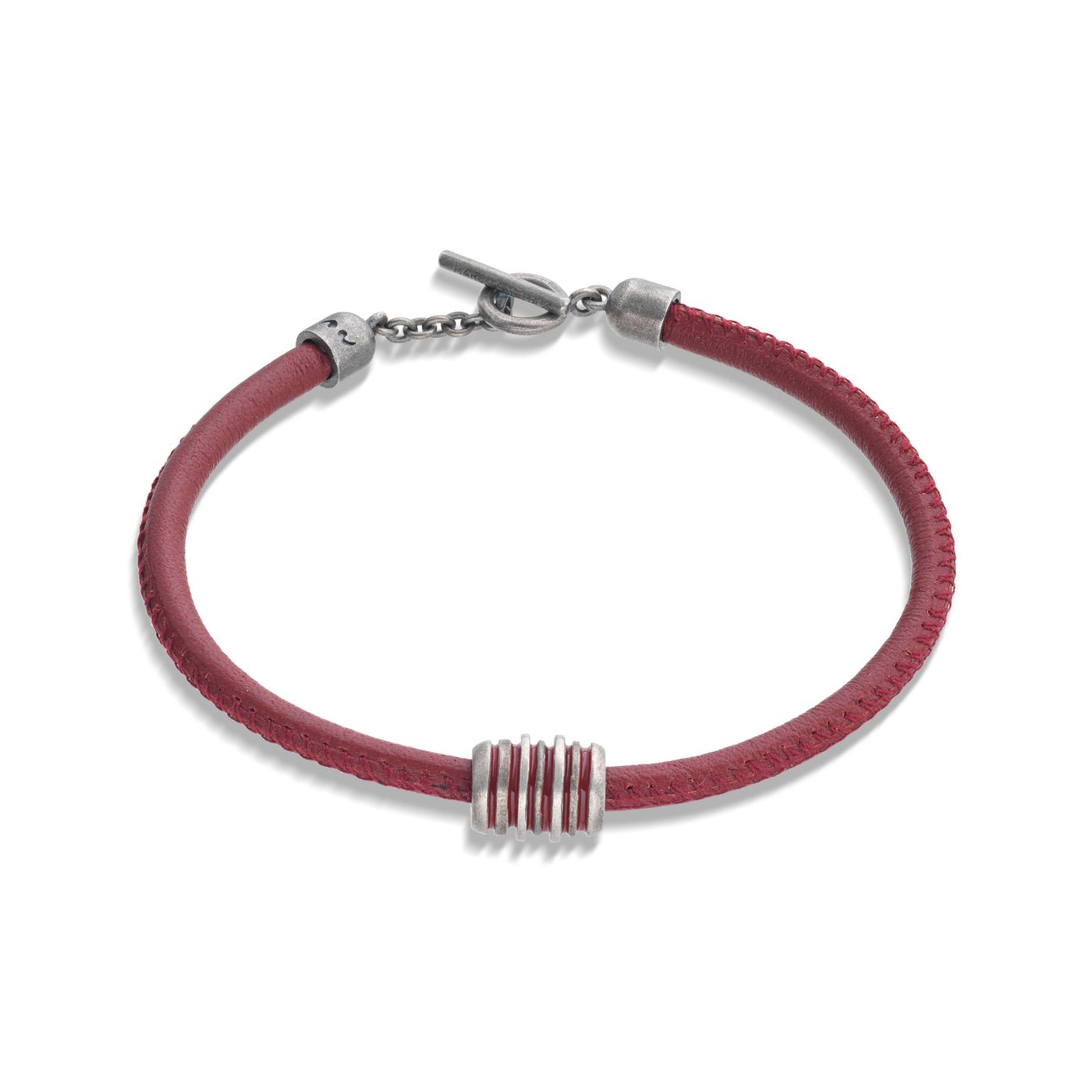Roller Oxidized Silver Bracelet with red enamel and leather