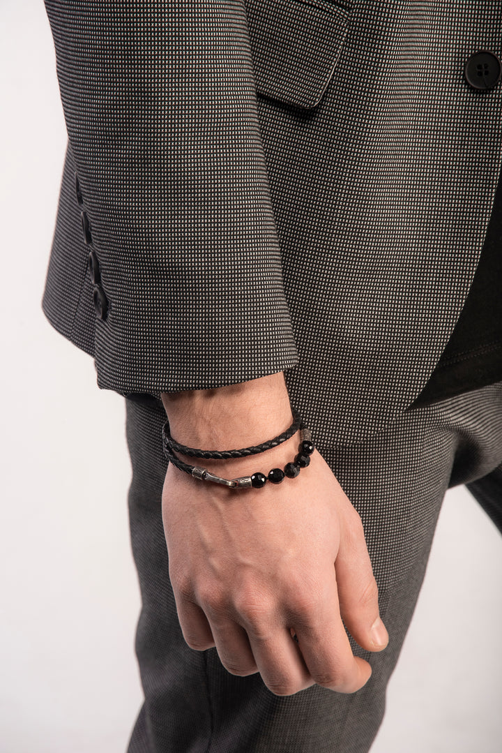 LASH Faceted Onyx Double Wrap Leather Bracelet