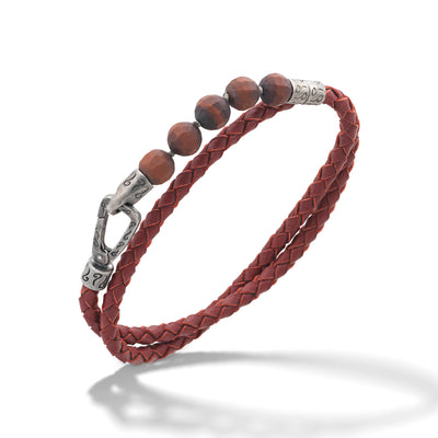 LASH Faceted Red Tiger Eye Double Wrap Leather Bracelet