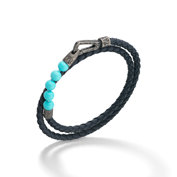 Polished 6mm Turquoise Double Wrap Blue Leather Bracelet