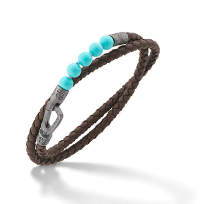 Polished 6mm Turquoise Double Wrap Brown Leather Bracelet