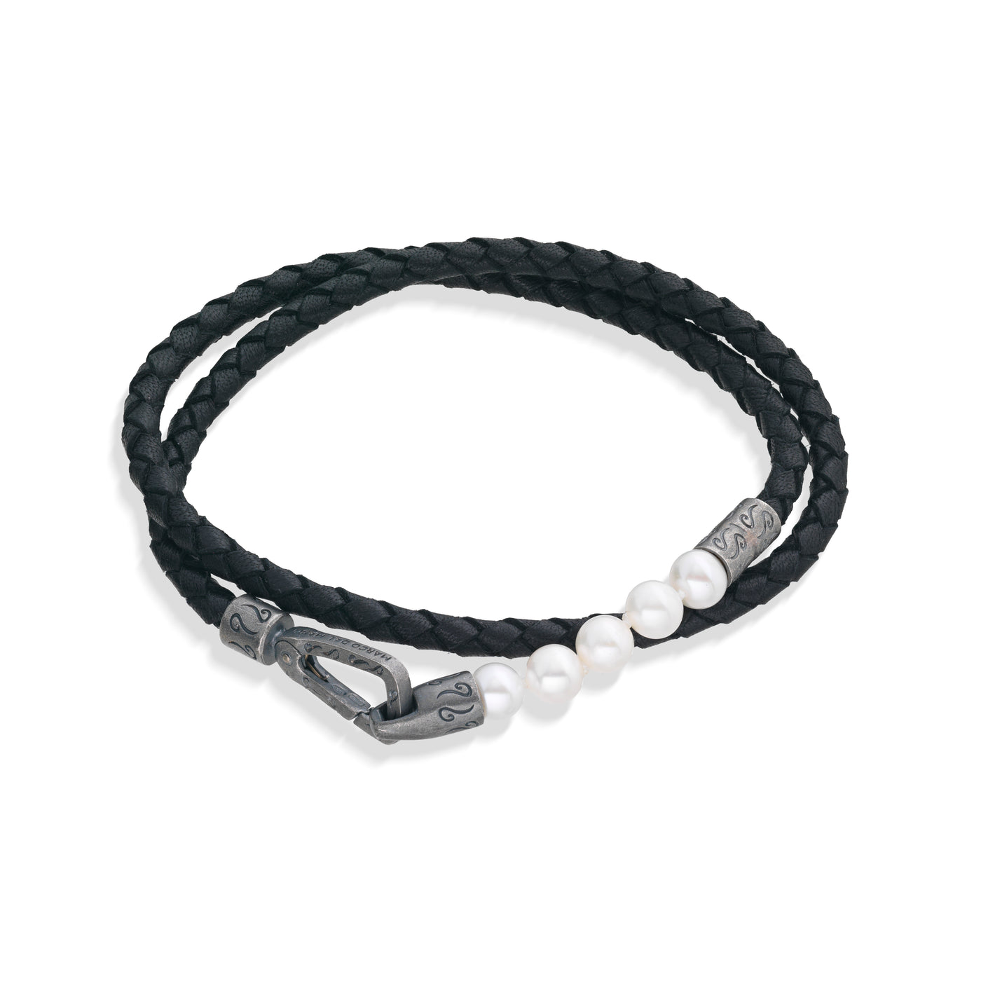 Polished 6mm Pearls Double Wrap Black Leather Bracelet