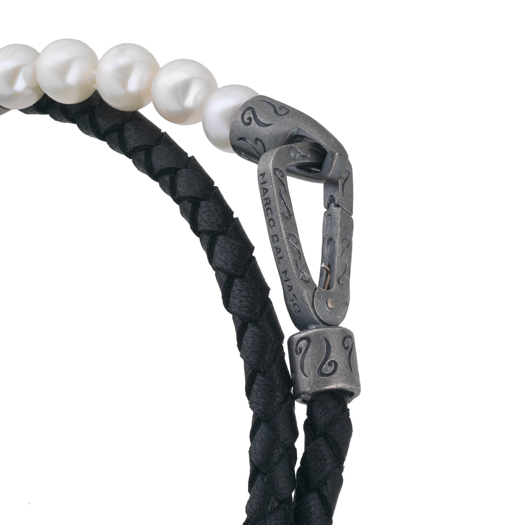 Polished 6mm Pearls Double Wrap Black Leather Bracelet