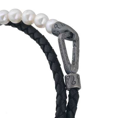 Polished 6mm Pearls Double Wrap Black Leather Bracelet