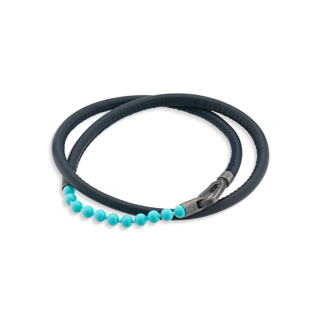 Mini Turquoise Beads Double Wrap Bracelet with blue leather