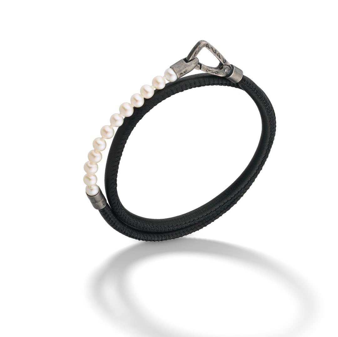 Mini Pearls Beads Double Wrap Bracelet with black leather