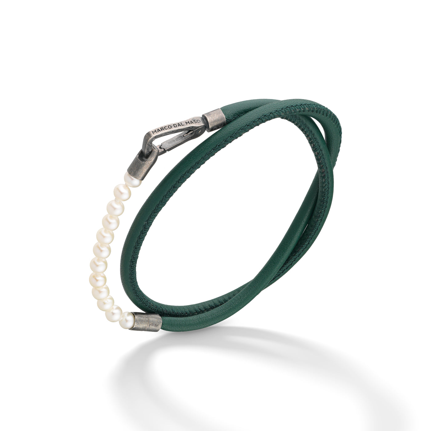 Mini Pearls Beads Double Wrap Bracelet with green leather