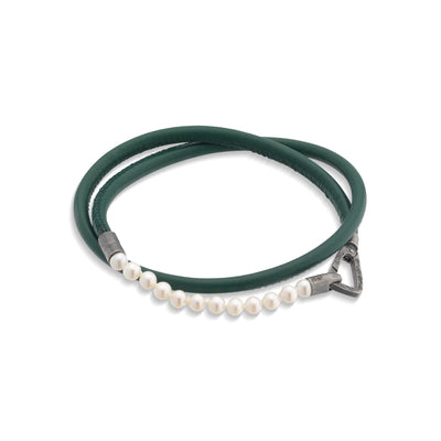 Mini Pearls Beads Double Wrap Bracelet with green leather
