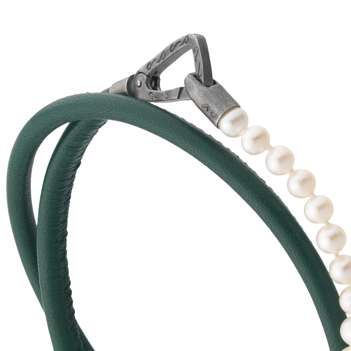 Mini Pearls Beads Double Wrap Bracelet with green leather