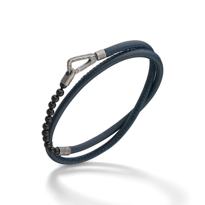 Mini Onyx Beads Double Wrap Bracelet with blue leather