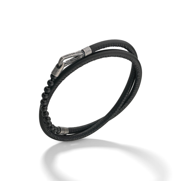 Mini Onyx Beads Double Wrap Bracelet with black leather