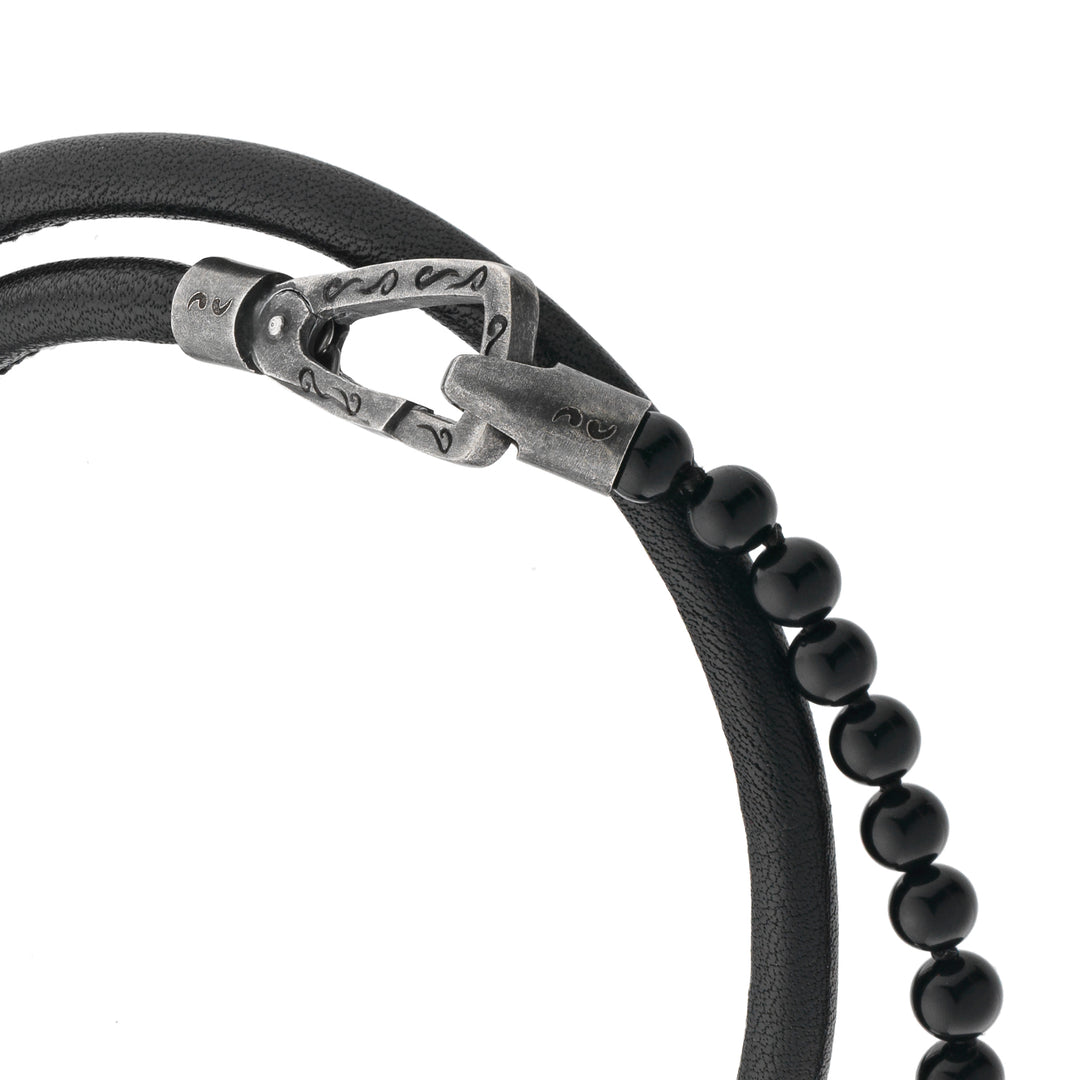 Mini Onyx Beads Double Wrap Bracelet with black leather