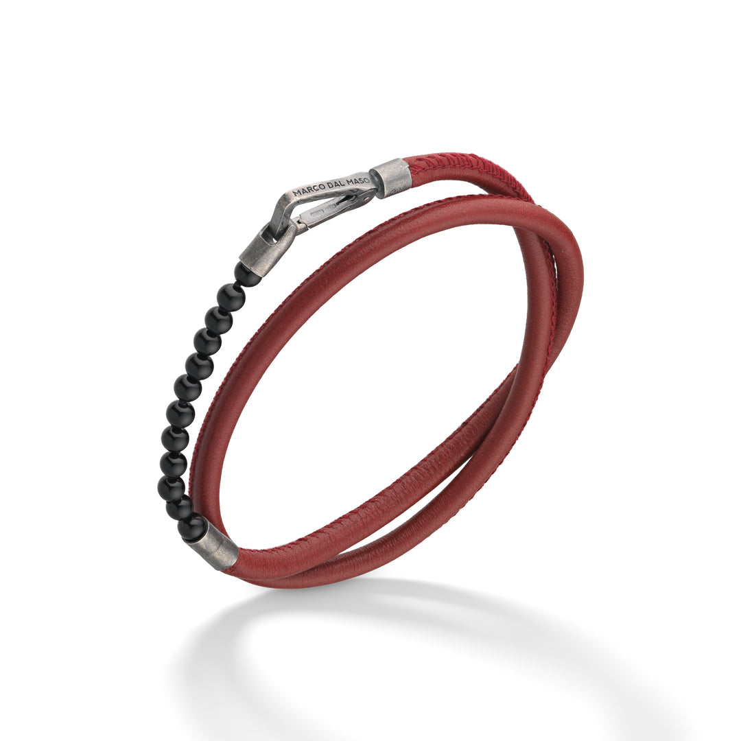 Mini Onyx Beads Double Wrap Bracelet with red leather