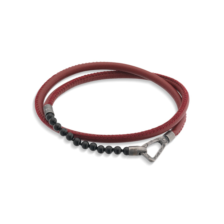 Mini Onyx Beads Double Wrap Bracelet with red leather