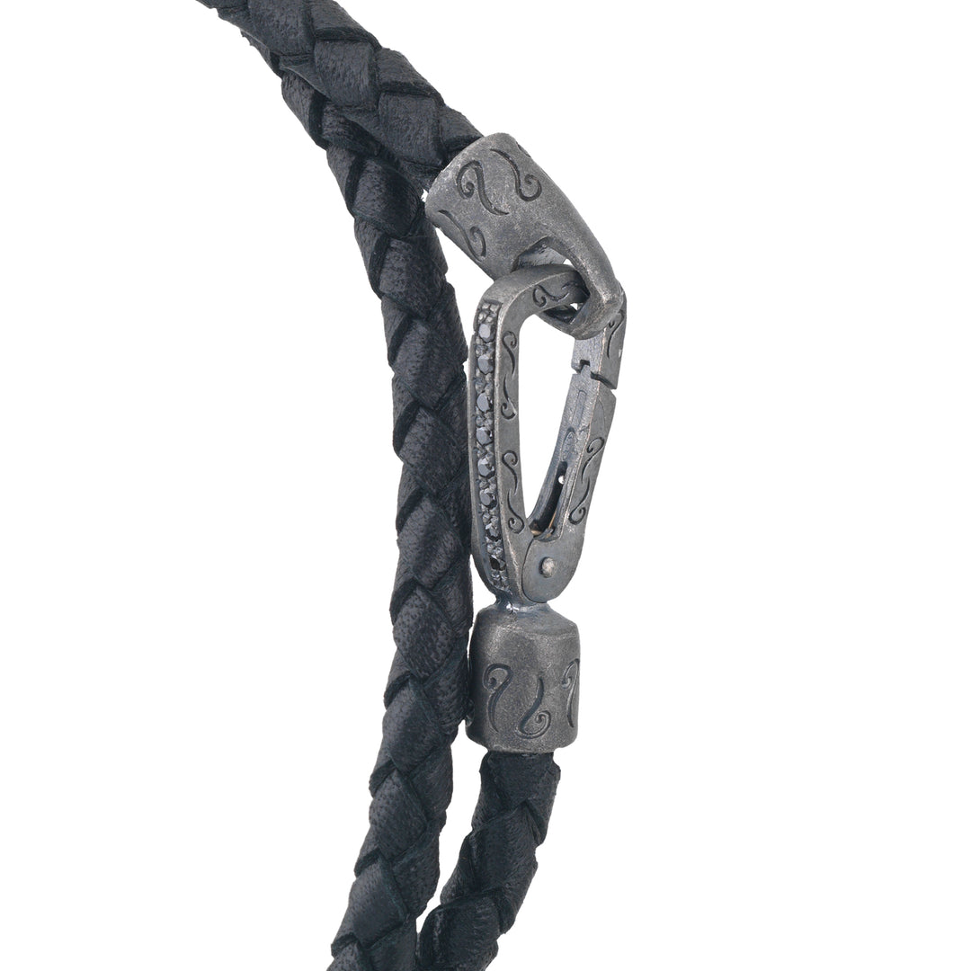 LASH Double Wrap Oxidized Silver and Black Leather with black diamonds
