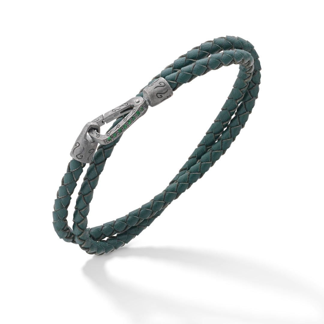 LASH Double Wrap Oxidized Silver and Green Leather with tsavorite