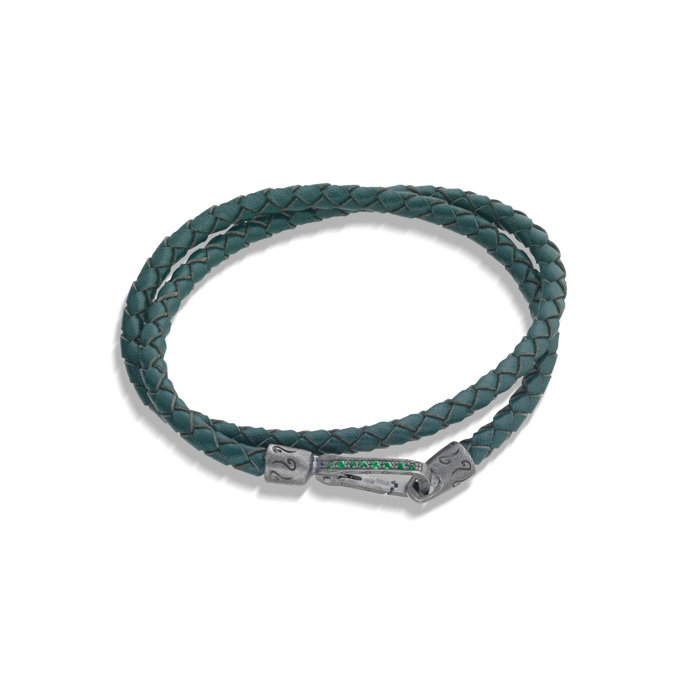 LASH Double Wrap Oxidized Silver and Green Leather with tsavorite