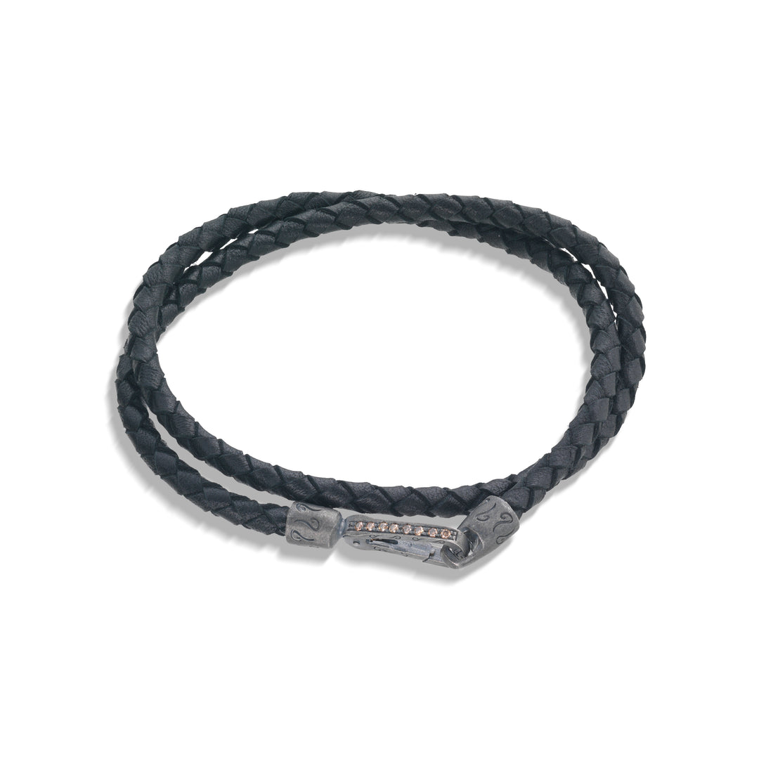LASH Double Wrap Oxidized Silver and Black Leather with champagne diamonds
