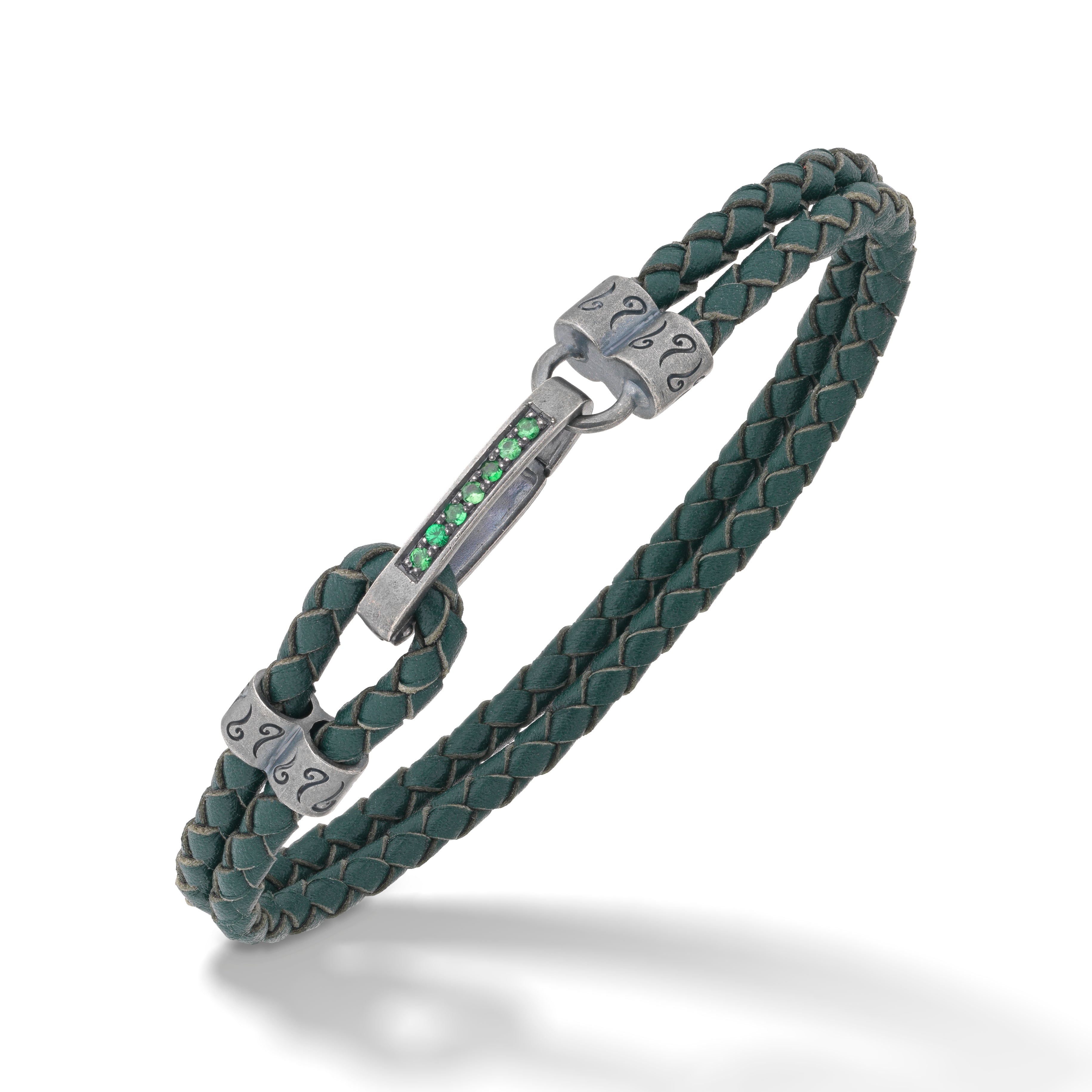 Marco Dal Maso Men's Woven Green Leather Double Wrap Bracelet Sterling  Silver 16