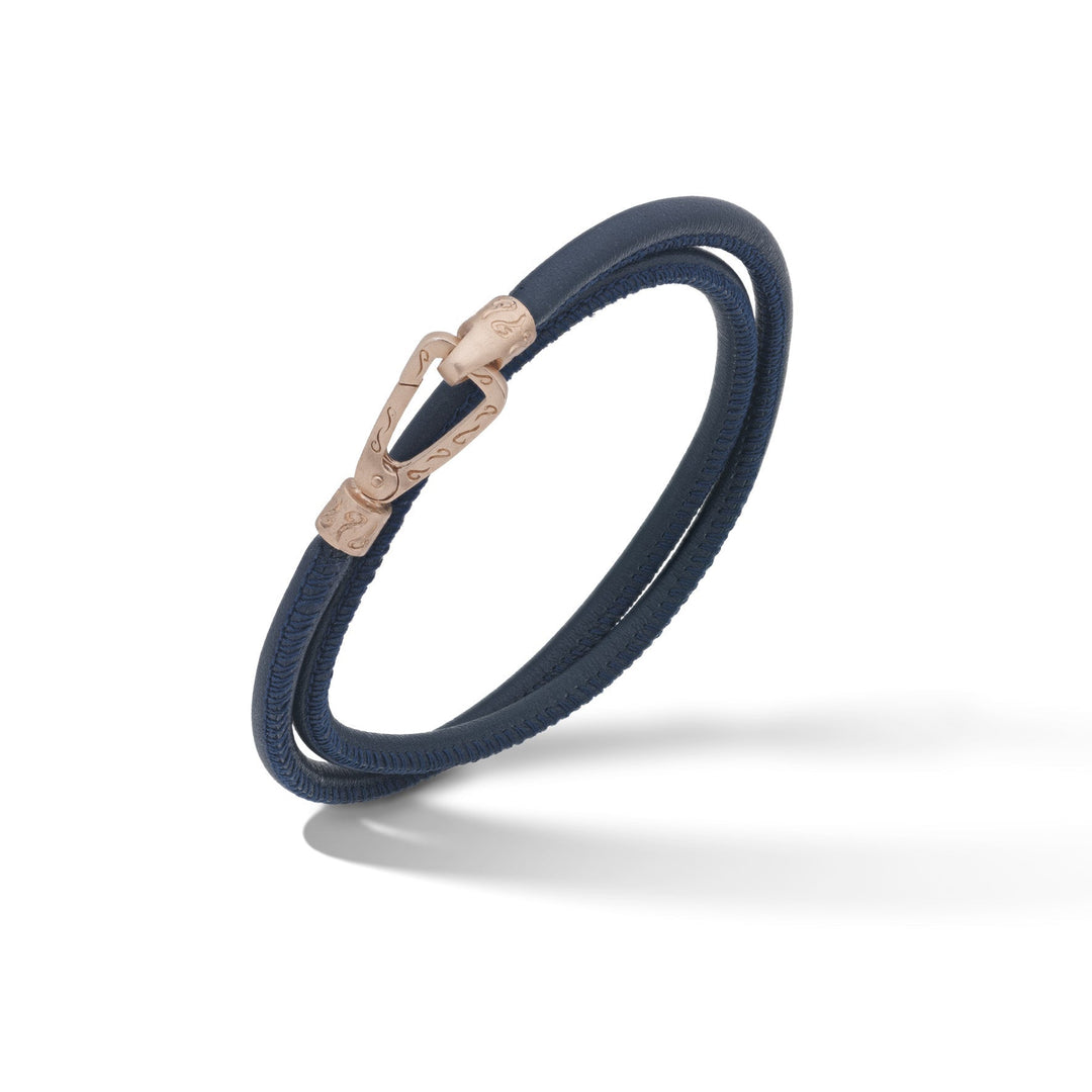 LASH 18K Rose Gold Matte Vermeil Double Leather Cord Bracelet with Blue Smooth Leather