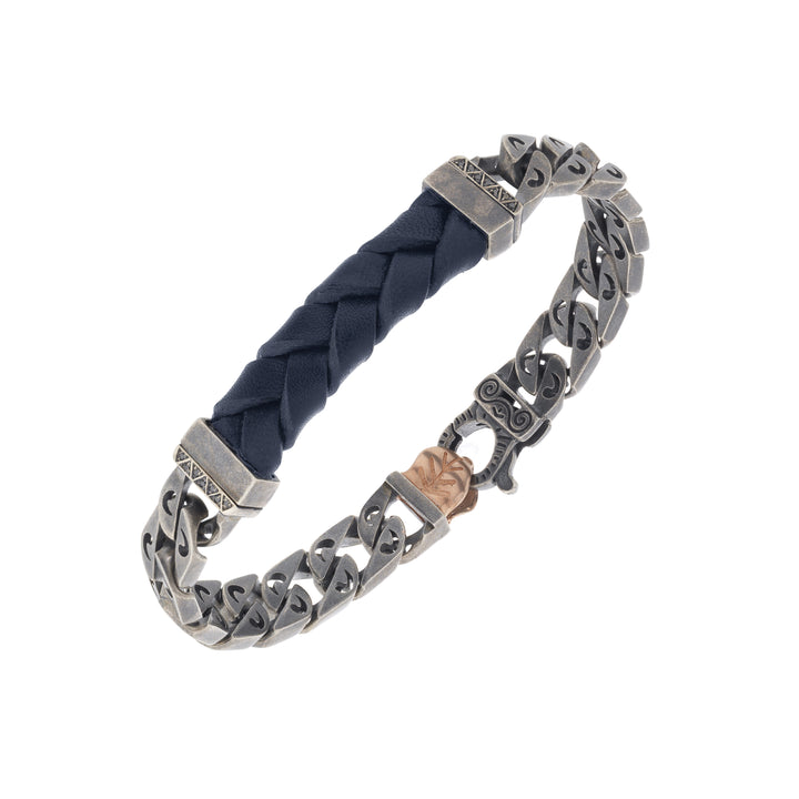 FLAMING TONGUE 18K Rose Gold Vermeil and Oxidized  Bracelet with black diamonds & blue leather