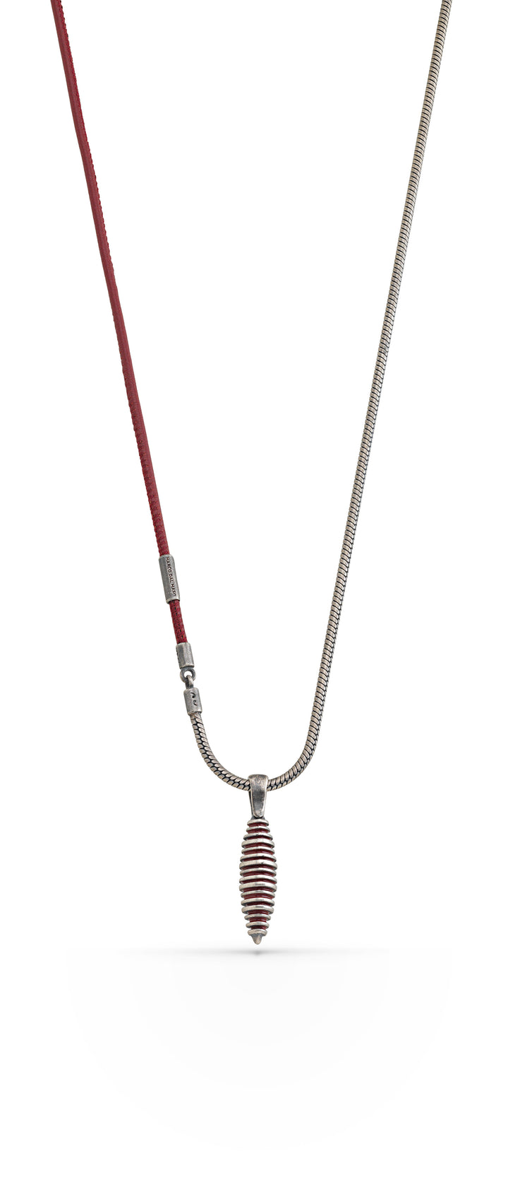 ACIES Cocoon Oxidized Silver and Red Leather Pendant with Red Enamel