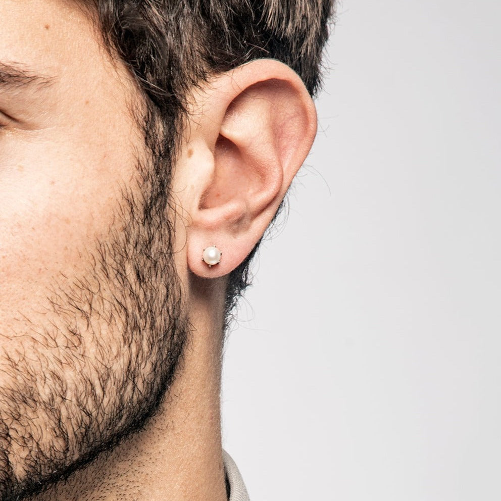 Calyx Gemstone Stud Earring | Oxidized Silver & Pearl | Men's