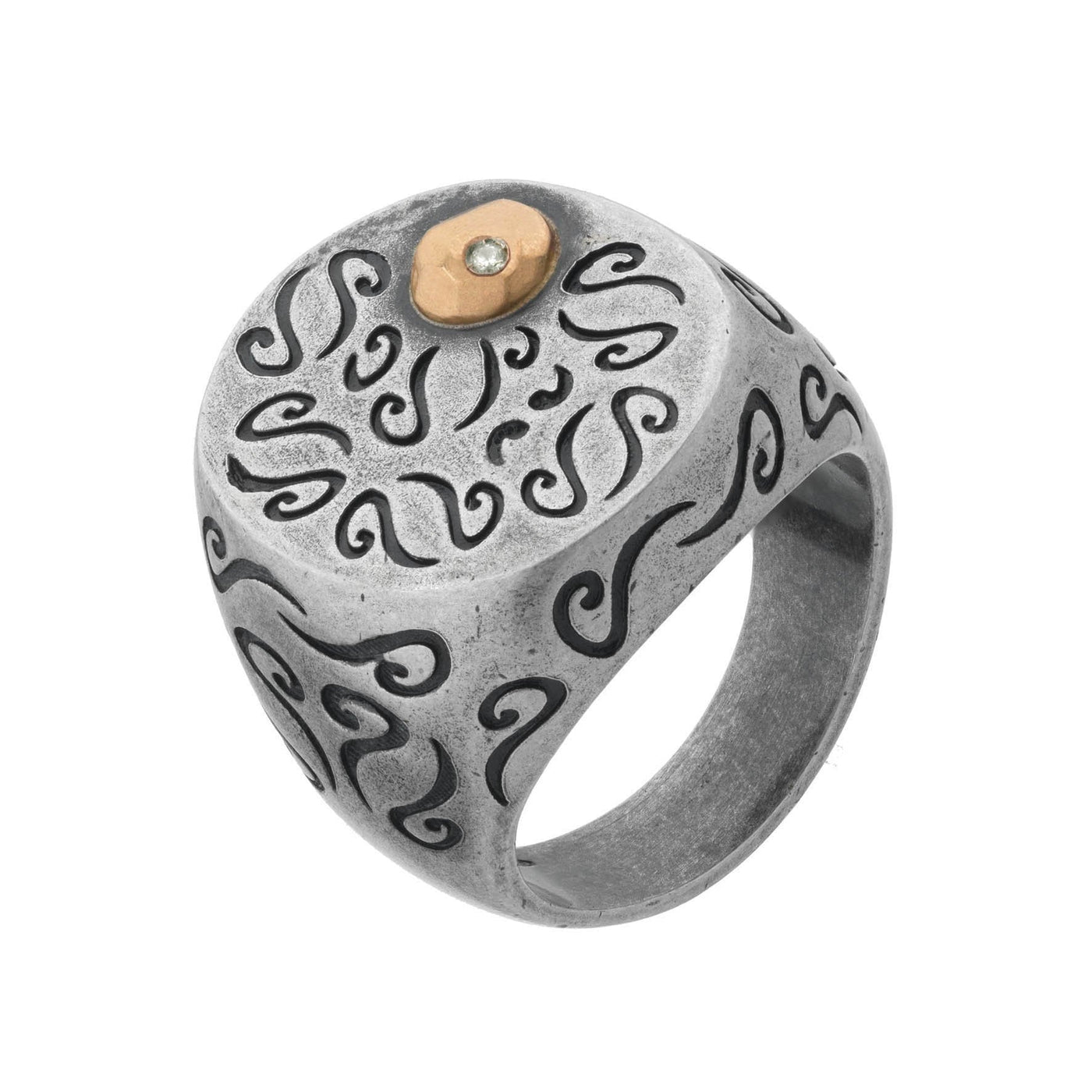 Ara Oval Oxidized Ring with Side Diamond with Champagne Diamond