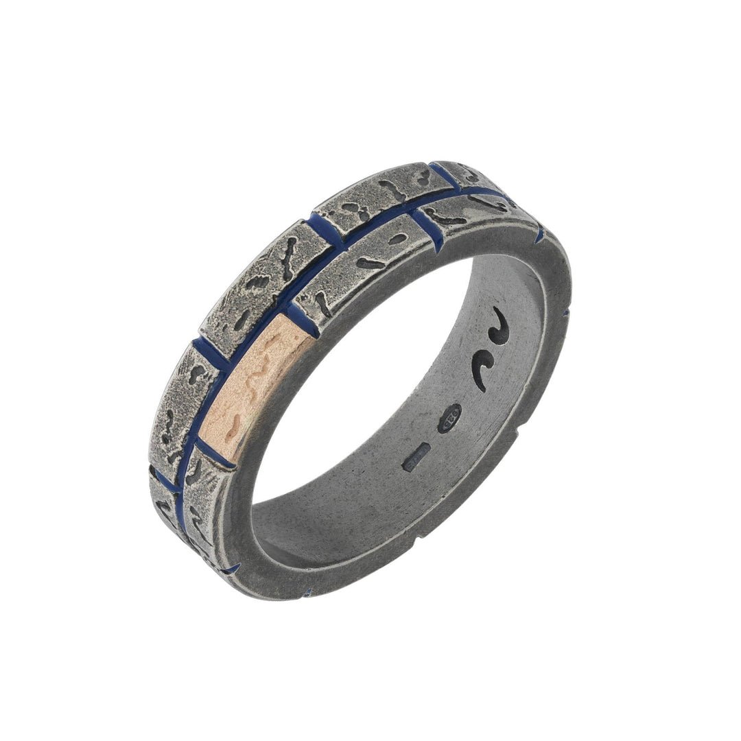 MURALES Thin 18kt Gold and Silver Ring with Blue Enamel