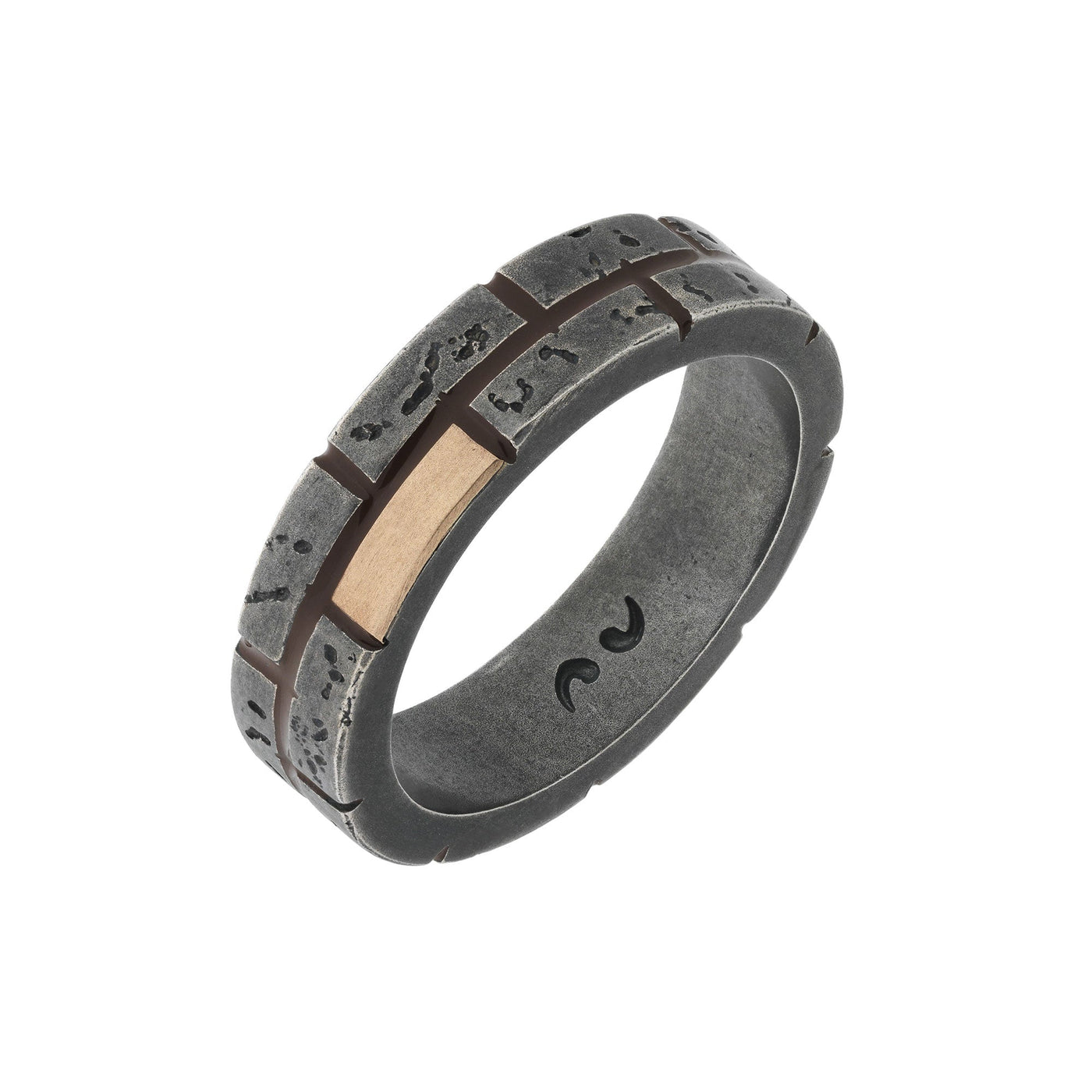 MURALES Thin 18kt Gold and Silver Ring with Brown Enamel