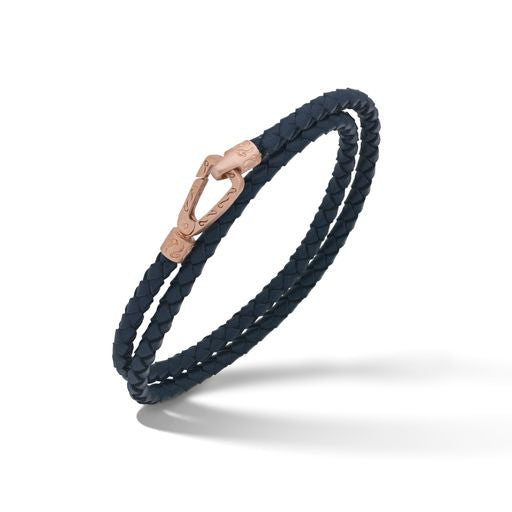 LASH 18K Rose Gold Matte Vermeil Double Leather Cord Bracelet with Blue Woven Leather