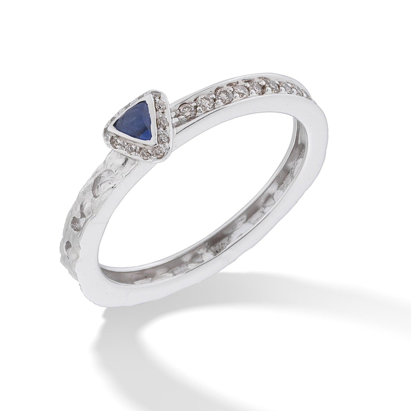 Orion Ring with Diamonds & Triangle Sapphire Halo with Champagne Diamonds and Blue Sapphires