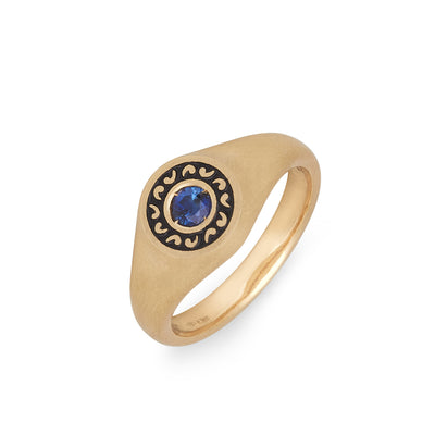 Icon Signet Ring with Blue Sapphire and Black Enamel