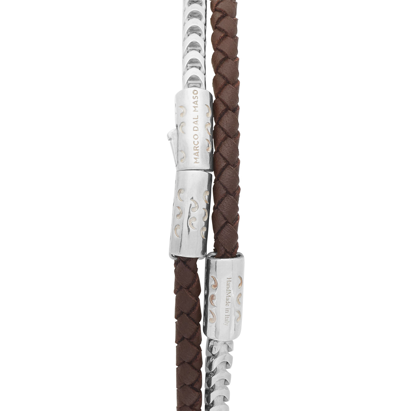 LASH Double Mix Brown Woven Leather and Polished Silver Chain Bracelet
