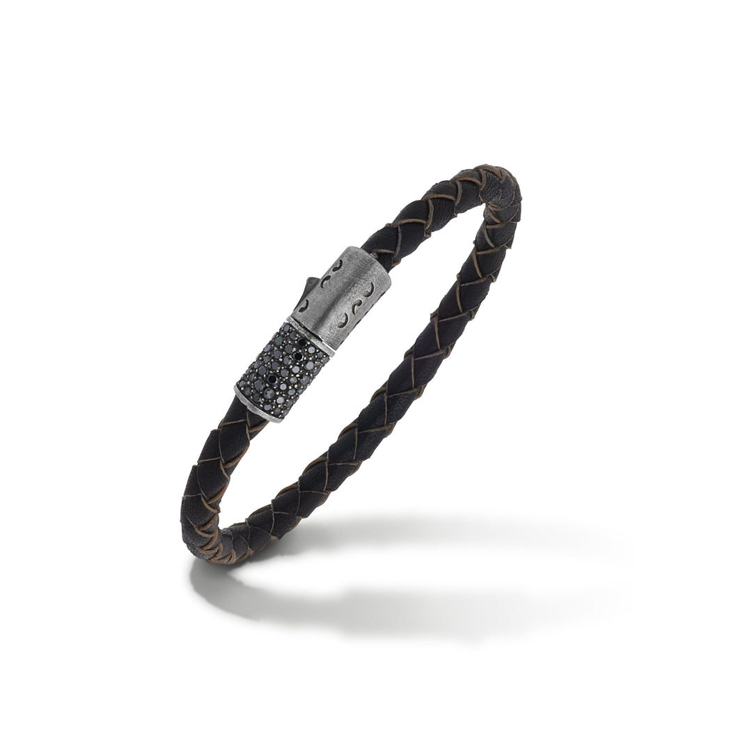 Oxidized Silver and Brown Woven Leather Bracelet with Black Diamonds Clasp