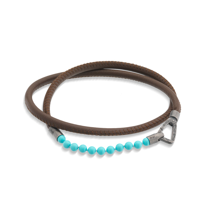 LASH 4 mm Beaded Double Bracelet, Turquoise, Brown Leather-Straight View