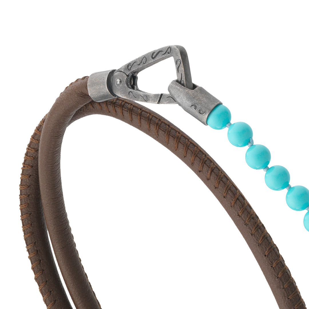 LASH 4 mm Beaded Double Bracelet, Turquoise, Brown Leather-Close View