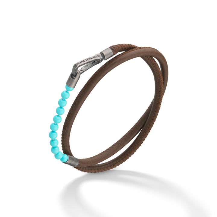 LASH 4 mm Beaded Double Bracelet, Turquoise, Brown Leather-Standard View