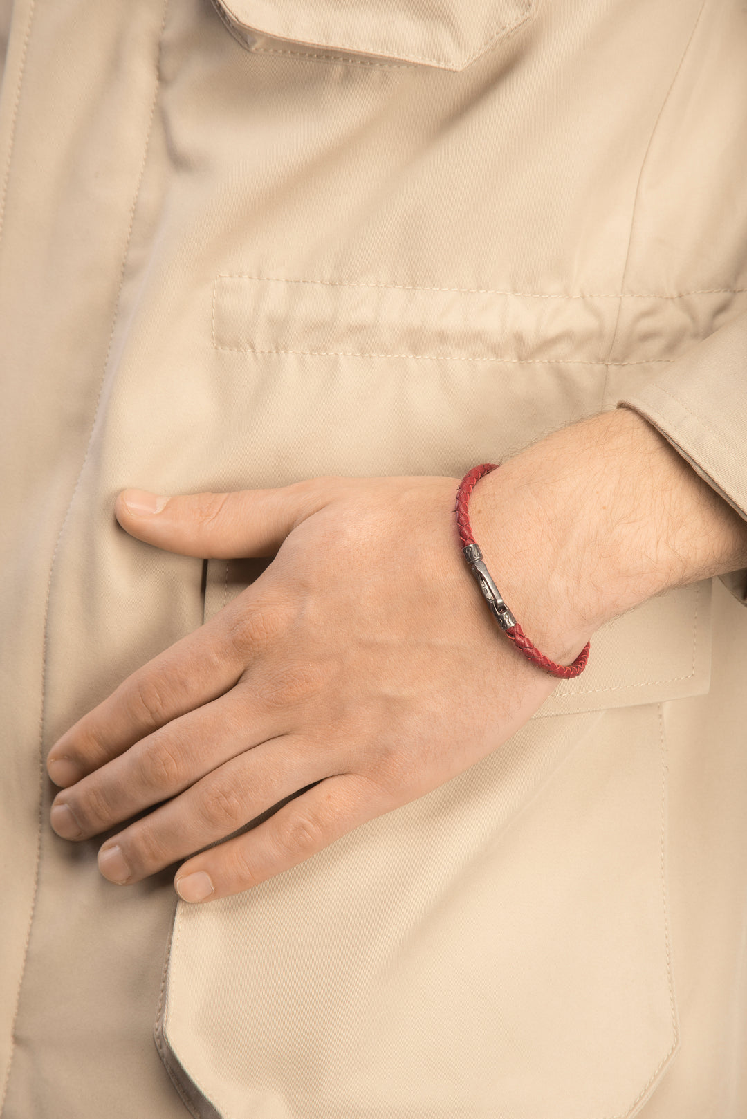 LASH Braided Bracelet, Silver, Red Leather-Model View