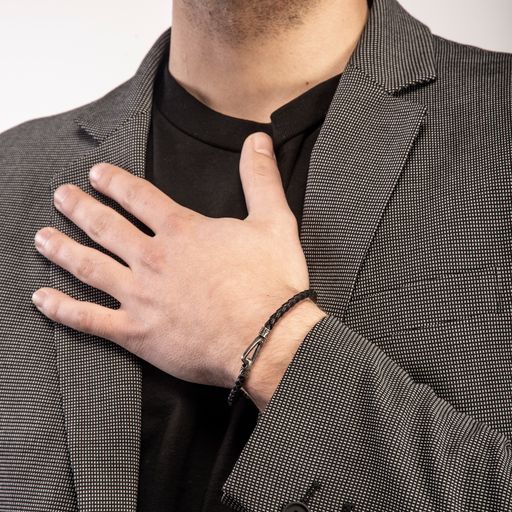 Lash Single Bracelet with Braided Black Leather in Oxidized Silver