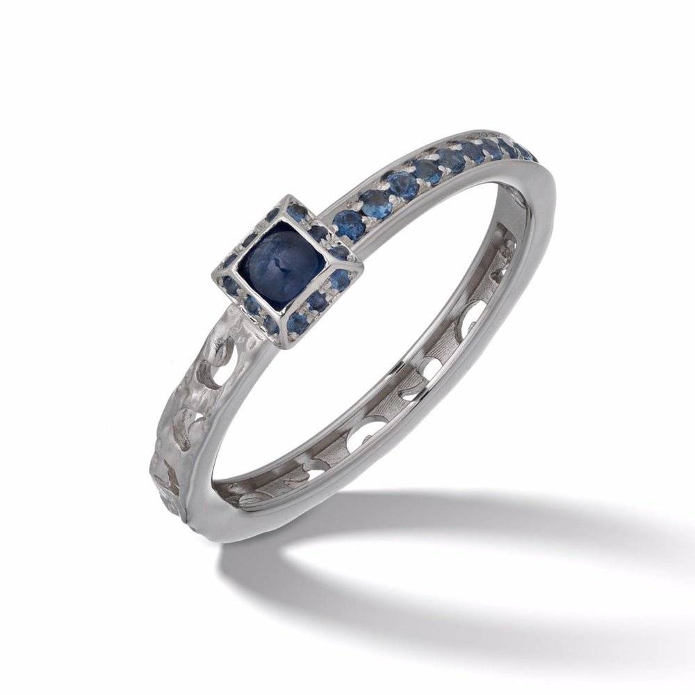 Orion Ring with Pave Blue Sapphires & Square Halo