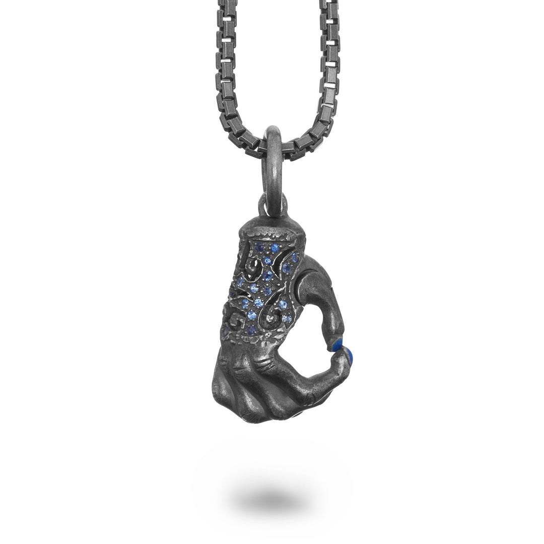 Oxidized Silver Pendant with blue sapphires and blue enamel