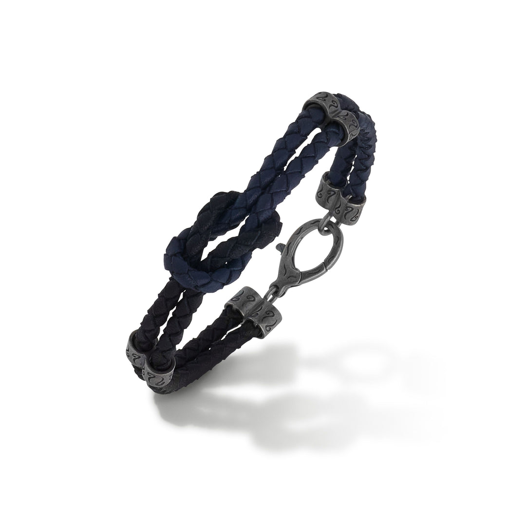 LASH Reef Knot Blue/Black Woven Leather and Oxidized Silver Bracelet