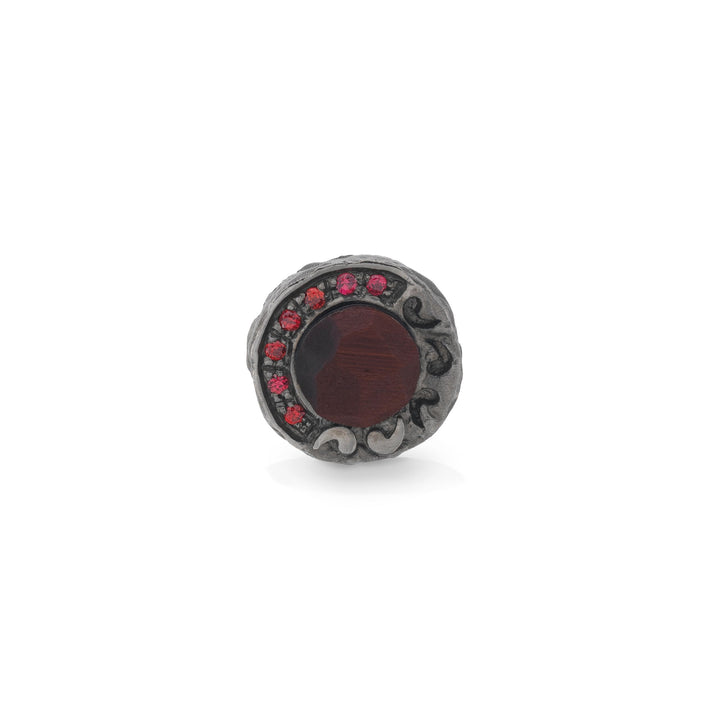 Warrior Single 18KT Black Gold Stud Earring with tiger eye and red sapphires