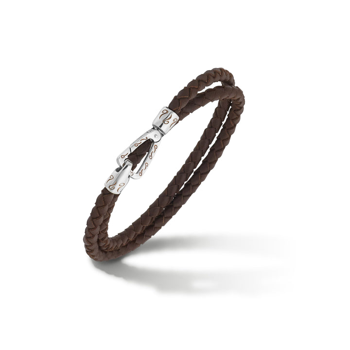 LASH Double Wrap Polished Silver and Brown Woven Leather Bracelet