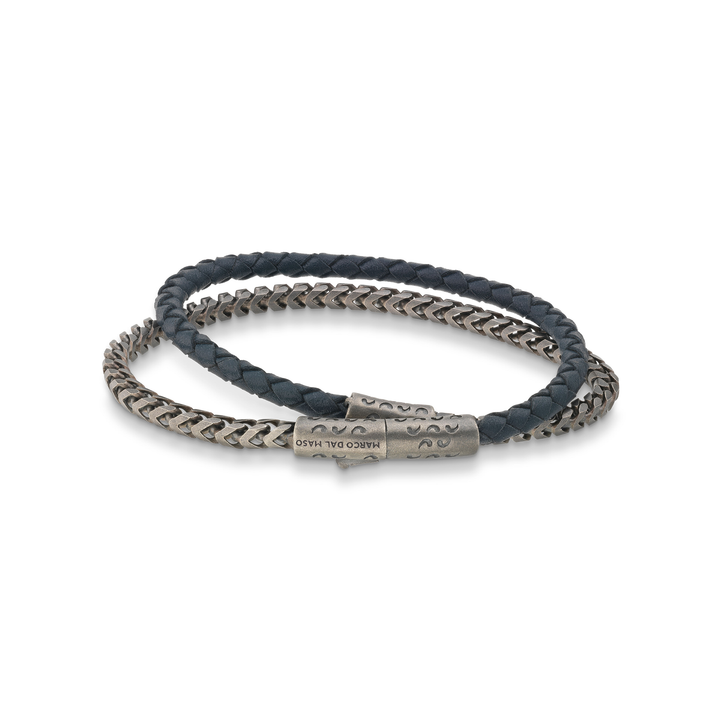 Lash Double Wrap Chain and Leather 10mm Bracelet with Blue Leather