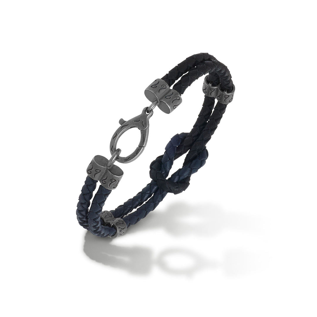 LASH Reef Knot Blue/Black Woven Leather and Oxidized Silver Bracelet